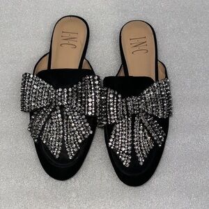 INC International Concepts Black Mules with Silver Bow Embellishments